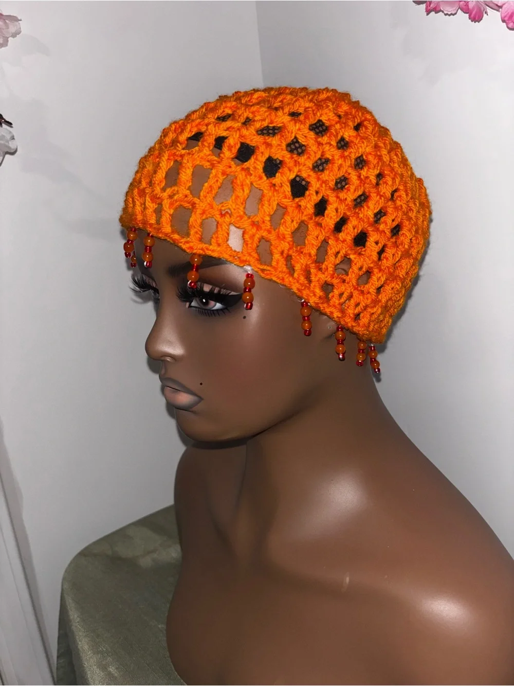 Crocheted Beaded Hair Cap - Vibrant Orange